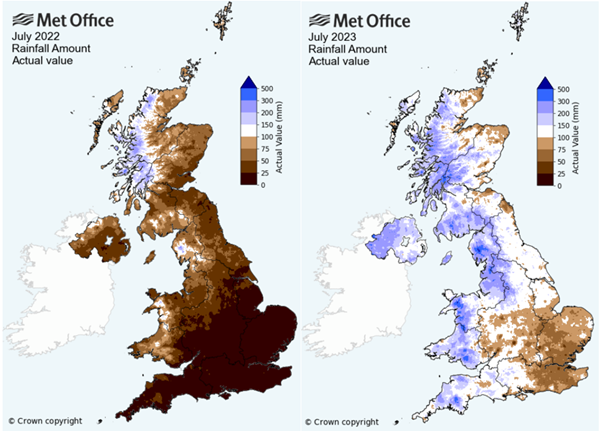 2 maps comparing rainfall for the month of July in 2022 and 2023